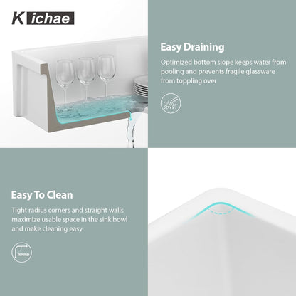 Kichae 33 Farmhouse Sink White - 33x21 Inch Kitchen Sink Apron Front White Ceramic Porcelain Fireclay Single Bowl Farmer Sink