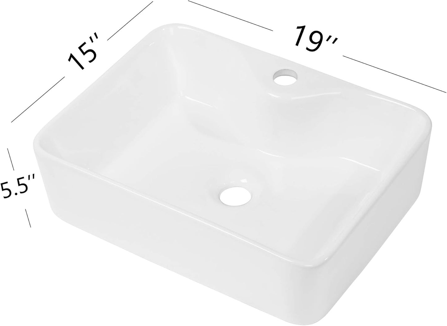 Kichae 19in x15in  Rectangle Bathroom Vessel Sink Porcelain Ceramic White Vanity Sink Above Counter Modern Sink with Faucet Hole for Lavatory, Hotel Art Basin, Home Washing Basin