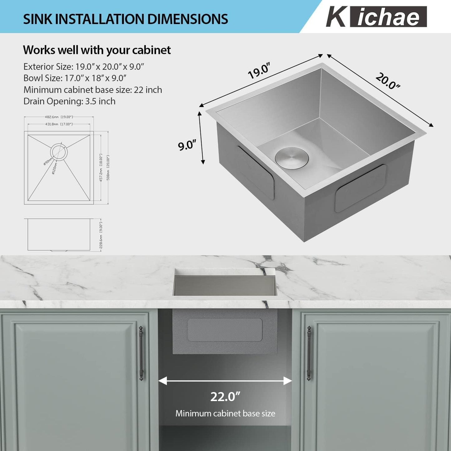 Kichae 19in  x 20in  Bar Prep Sink Undermount Stainless Steel Deep Single Bowl RV Wet Bar Sink 16 Gauge Round Corner Camper Handmade Kitchen Sink Basin