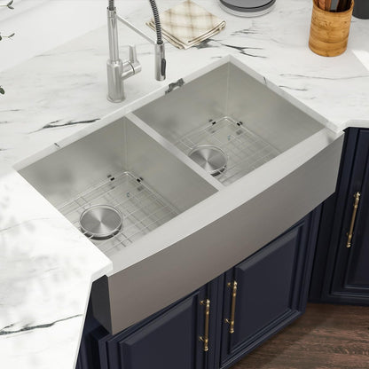 Kichae 36 Apron Double Farmhouse Sink - 36 Inch Apon Front Kitchen Farm Sink Stainless Steel Double Bowl 50/50 Modern Handmade Farmhouse Sink Basin