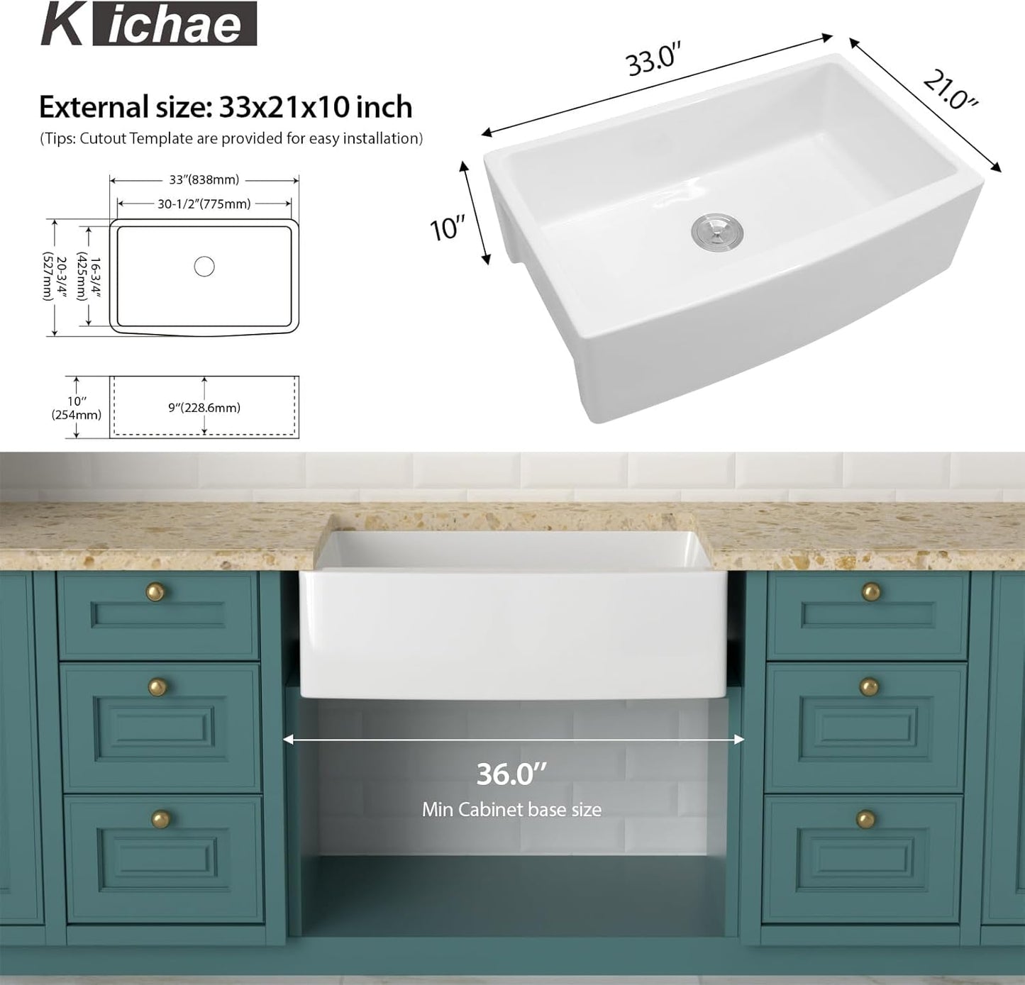 Kichae 33 Farmhouse Sink White - 33x21 Inch Kitchen Sink Apron Front White Ceramic Porcelain Fireclay Single Bowl Farmer Sink