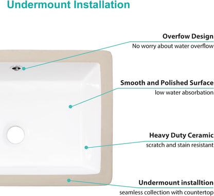 Kichae Undermount Bathroom Sink - 18 x 12 Undermount Bathroom Sink Rectangle Modern White Rectangular Vessel Sink Porcelain Ceramic Lavatory Vanity Bathroom Sink with Overflow