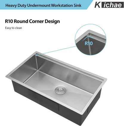 Kichae 33 Kitchen Sink Undermount - 33 x 19 Undermount Sink Ledge Workstation Stainless Steel 16 Gauge Single Bowl Undermount Sink Round Corner Handmade Kitchen Sink with Cutting Board