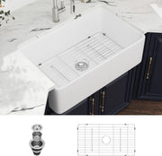 Kichae 30 Inch White Fireclay Farmhouse Sink 30x20 Inch Flat Apron Front Single Bowl Ceramic Kitchen Sink with Strainer & Bottom Grid Kichae USA