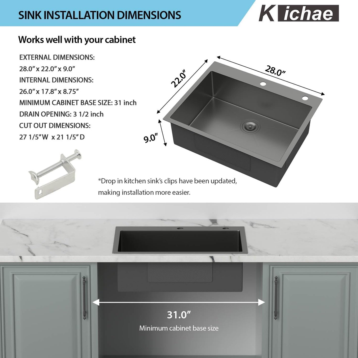 Kichae 28 Inch Black Kitchen Sink Drop In- 28x22 Gunmetal Black Stainless Steel Drop In Kitchen Sink Topmount 16 Gauge Deep Single Bowl Kitchen Sink Handmade Basin Round Corner