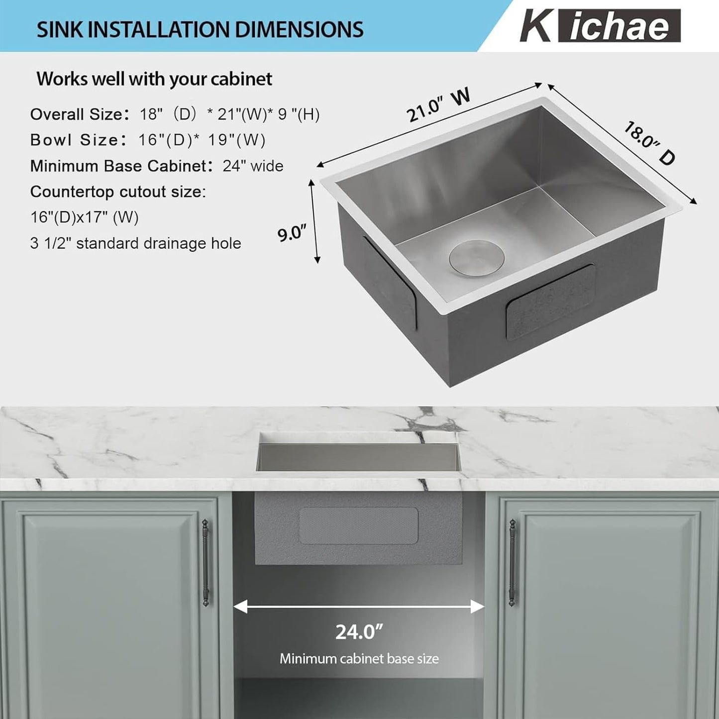 Kichae 21 Inch Kitchen Bar Sink Undermount Single Bowl Stainless Steel 16 Gauge Handmade Modern Under Counter Handmade Wet Bar RV Kitchen Sink with Drain Strainer