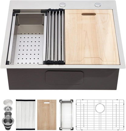 Kichae 25 Inch Drop In Kitchen Sink Workstation - 25in  x 22in  Drop-In Kitchen Sink 16 Gauge Stainless Steel Single Bowl Ledge Workstation 25 Inch Handmade Sink