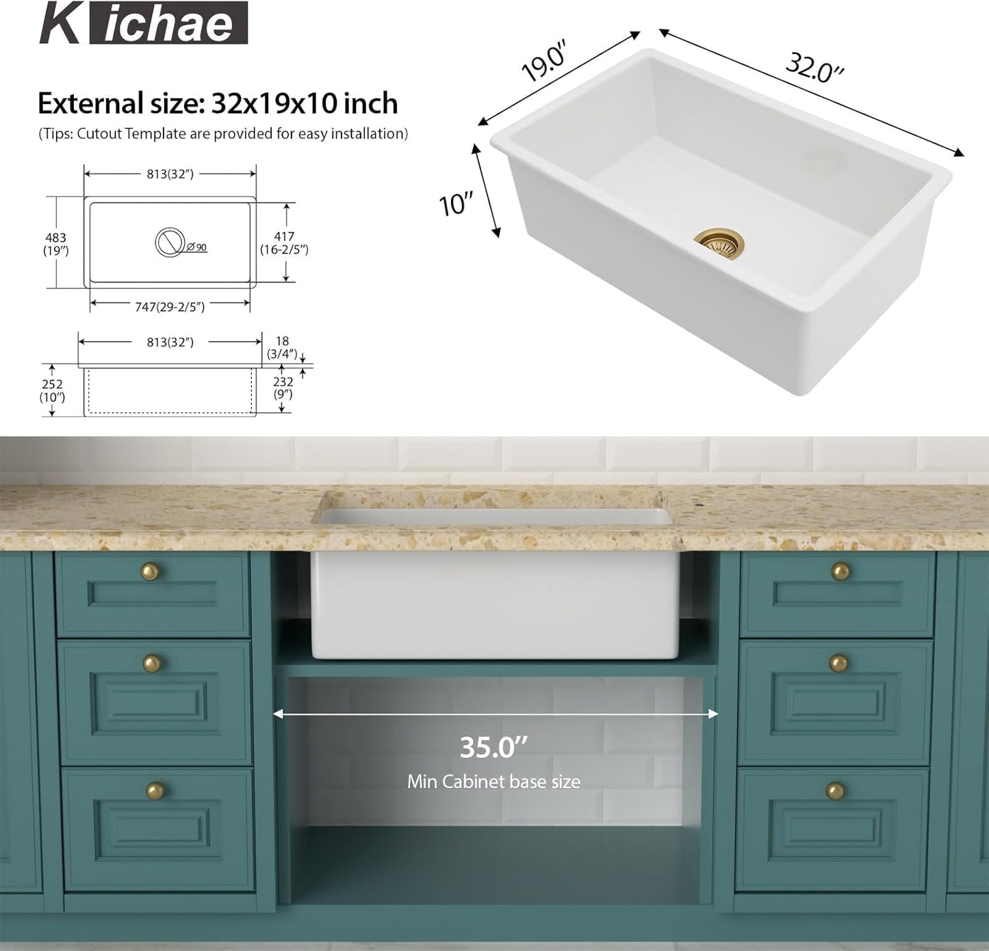 Kichae 32 Inch White Undermount Sink Fireclay 32x19 Inch White Kitchen Sink Dual Drop in & Undermount Kitchen Sink Single Bowl Deep Porcelain Ceramic Sink