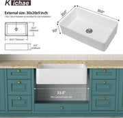 Kichae 30 Inch White Fireclay Farmhouse Sink 30x20 Inch Flat Apron Front Single Bowl Ceramic Kitchen Sink with Strainer & Bottom Grid Kichae USA