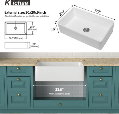 30 Farm Sink White - Kichae 30X20 Inch Farmhouse Kitchen Sink Flat Apron Front White Ceramic Porcelain Fireclay Single Bowl Rectangular Farmer Sink Basin