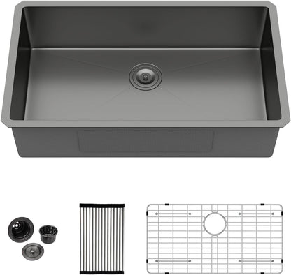 Kichae 33 Black Undermount Kitchen Sink - 33 inch Undermount Sink 16 Gauge Gunmetal Black Stainless Steel Deep Handmade Single Bowl Sink Basin Round Corner