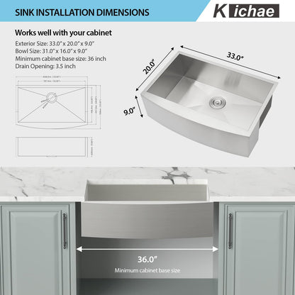 Kichae 33 Inch Farmhouse Kitchen Sink Apron Front Stainless Steel 16 Gauge Single Bowl Farm Kitchen Sinks Deep Bowl Farmer Kitchen Sinks Farm Style Handmade Sink