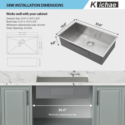 Kichae 33 Inch Undermount Kitchen Sink Single Bowl Stainless Steel Kitchen Sink 33in  Under Mount 18 Gauge Round Corner Kitchen Sinks Deep Basin 33x19x9 Inch