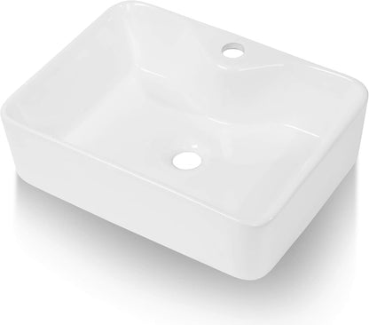 Kichae 19in x15in  Rectangle Bathroom Vessel Sink Porcelain Ceramic White Vanity Sink Above Counter Modern Sink with Faucet Hole for Lavatory, Hotel Art Basin, Home Washing Basin