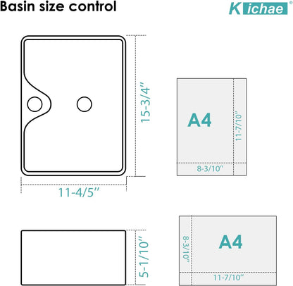 Kichae 16in x12in  Rectangle Bathroom Vessel Sink Porcelain Ceramic White Vanity Sink Above Counter Modern Sink with Faucet Hole for Lavatory, Hotel Art Basin, Home Washing Basin