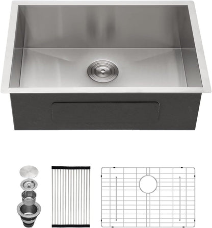 26 Inch Undermount Kitchen Sink, Kichae Undermount Single Bowl Stainless Steel Kitchen Sink 26in  Under Mount Round Corner Kitchen Sinks Deep Basin 26x18x9 Inch