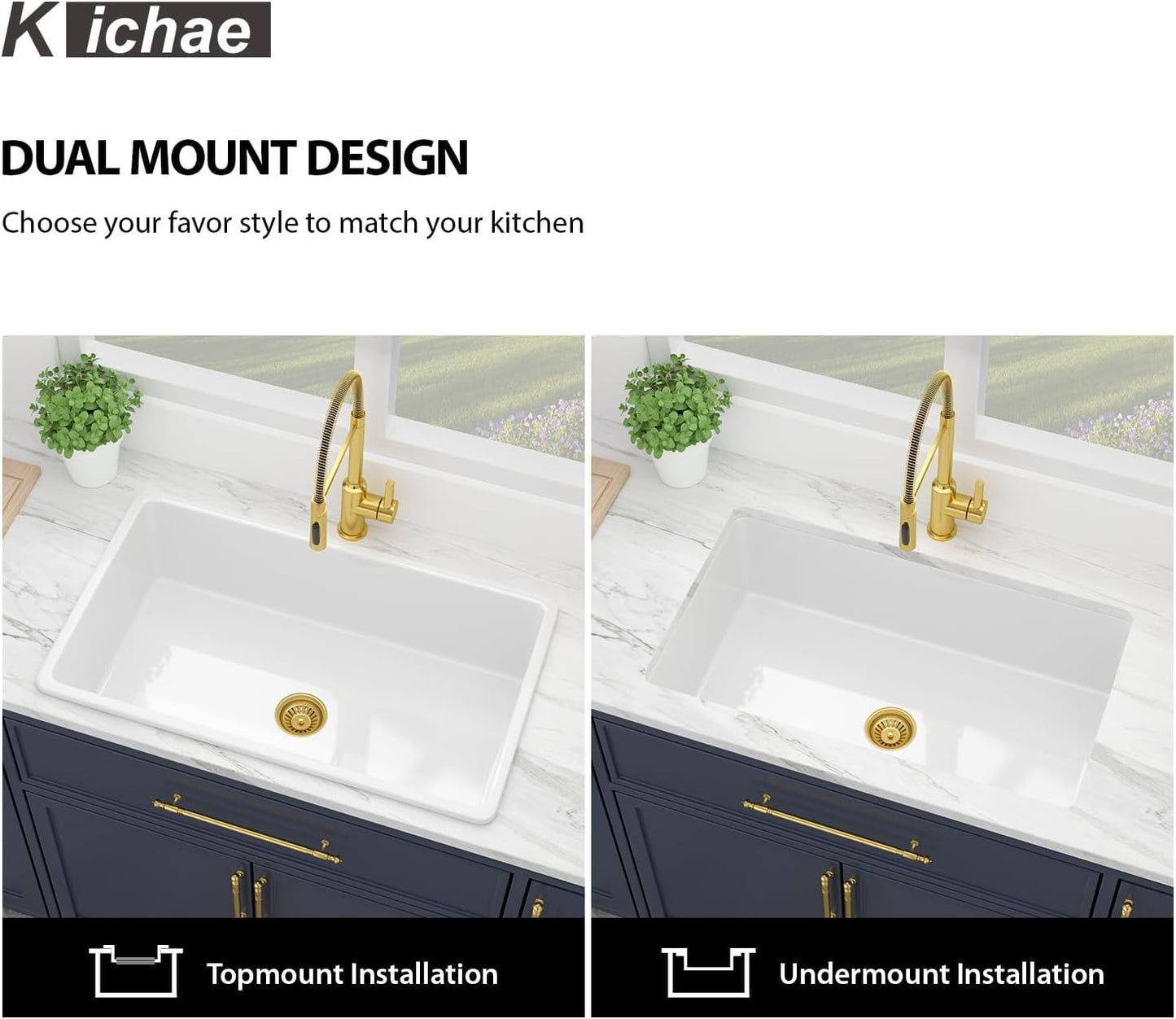 Kichae 32 Inch White Undermount Sink Fireclay 32x19 Inch White Kitchen Sink Dual Drop in & Undermount Kitchen Sink Single Bowl Deep Porcelain Ceramic Sink