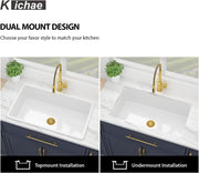 Kichae 32 Inch White Undermount Sink Fireclay 32x19 Inch White Kitchen Sink Dual Drop in & Undermount Kitchen Sink Single Bowl Deep Porcelain Ceramic Sink Kichae USA