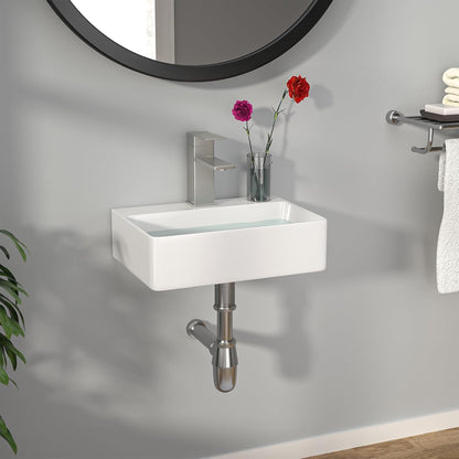 Kichae Floating Bathroom Sink Wall Mounted - Rectangle Vessel Sink 14in  x 10in  Small Modern Bathroom Wall Hung Sink White Porcelain Ceramic Vessel Vanity Sink with Faucet Hole