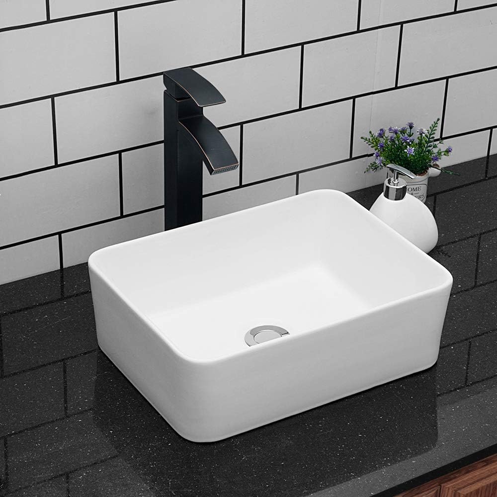 Kichae Vessel Sink Rectangular - 16in x12in  Modern White Bathroom Sink Rectangle Above Counter Porcelain Ceramic Vessel Vanity Sink Art Basin