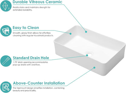 Kichae Rectangular Vessel Sink - 21in  x 13in  Modern Bathroom Vessel Sink White Porcelain Ceramic Rectangle Above Counter Vessel Vanity Sink Art Basin