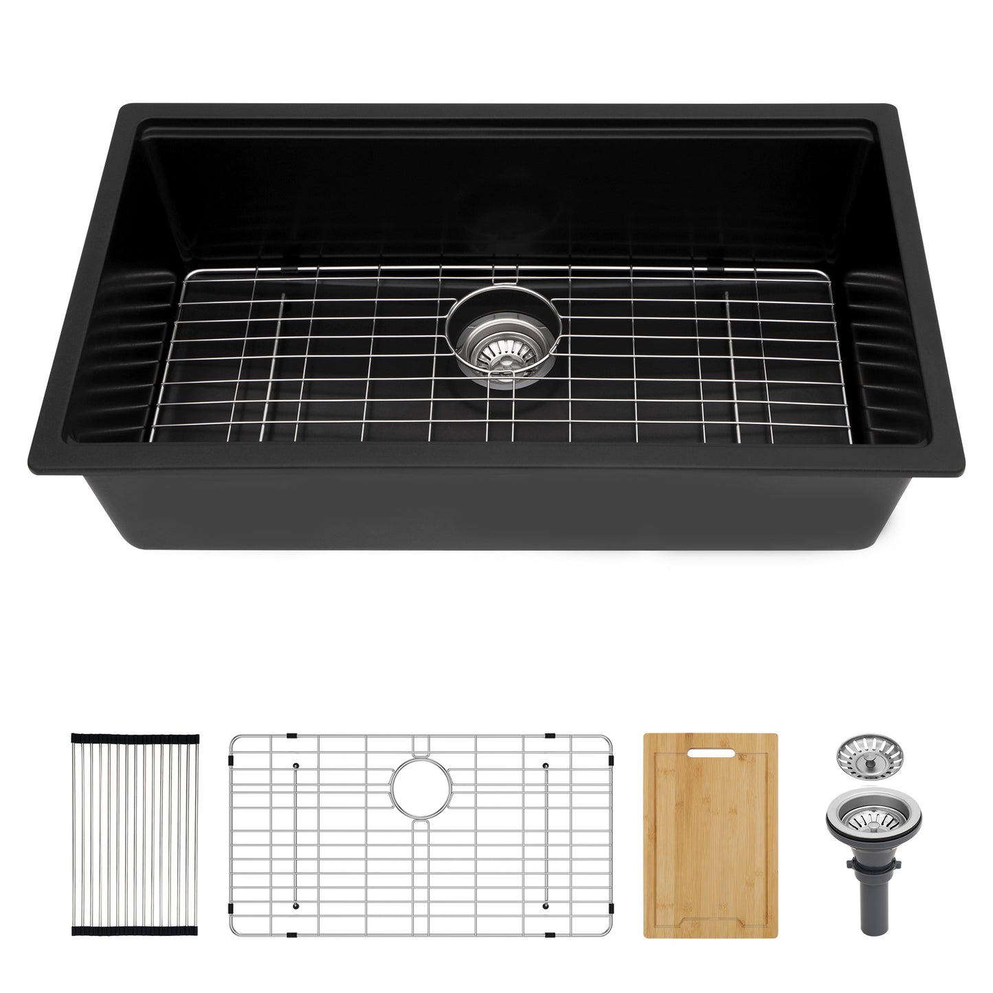 Kichae 33 Inch Black Quartz Kitchen Sink 33x19 Single Bowl Composite Granite Sink with Accessories