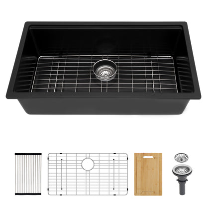 Kichae 33 Inch Black Quartz Kitchen Sink 33x19 Single Bowl Composite Granite Sink with Accessories