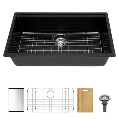 Kichae 33 Inch Black Quartz Kitchen Sink 33x19 Single Bowl Composite Granite Sink with Accessories