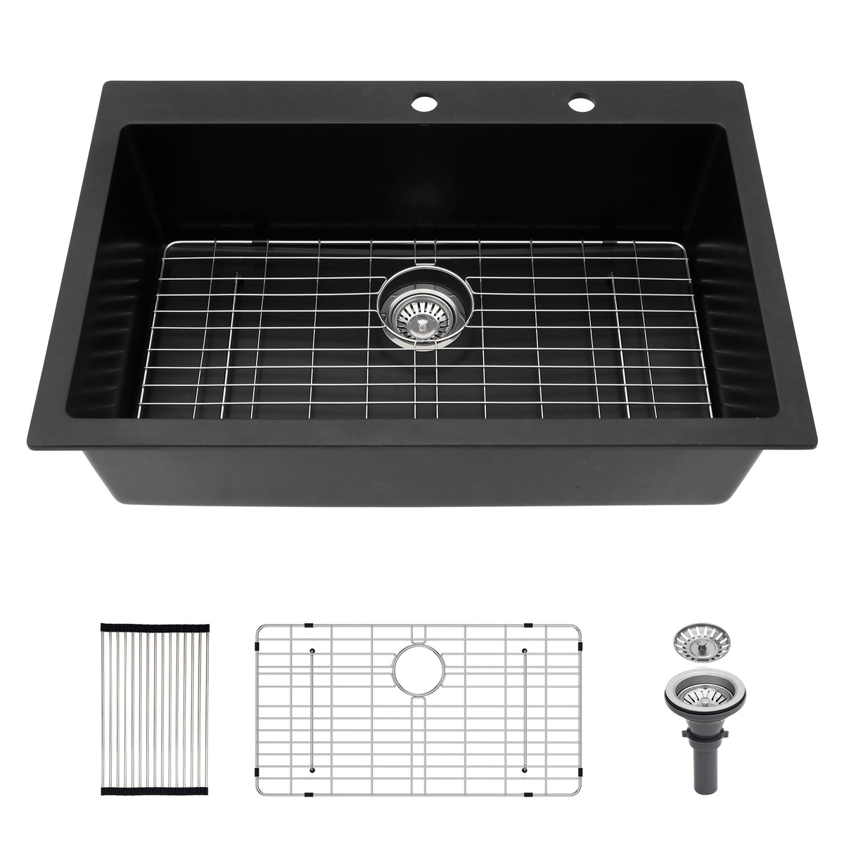 Kichae 33" x 22" Black Quartz Drop-In Single Bowl Kitchen Sink with Full Accessories