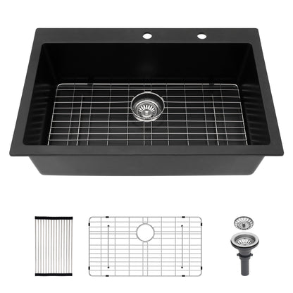 Kichae 33" x 22" Black Quartz Drop-In Single Bowl Kitchen Sink with Full Accessories