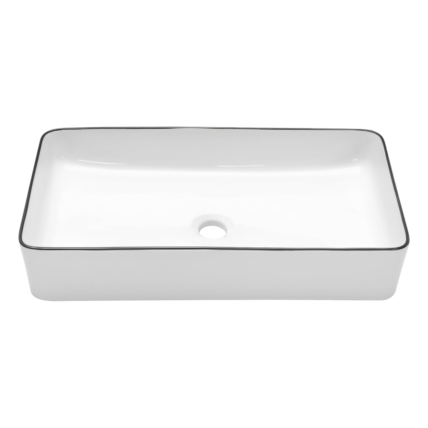 Kichae 24" x 14" White Rectangular Vessel Bathroom Sink with Black Rim, Above Counter Ceramic Vanity Sink