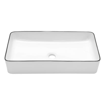 Kichae 24" x 14" White Rectangular Vessel Bathroom Sink with Black Rim, Above Counter Ceramic Vanity Sink