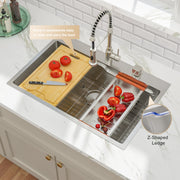 Kichae 33x22 Drop?In Workstation Kitchen Sink T304 16?Gauge Stainless Steel Single Bowl Z?Shape Topmount Sink with Accessories Kichae USA