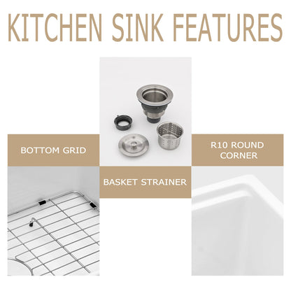 Kichae 33 Inch White Fireclay Farmhouse Workstation Sink Double Bowl Apron Front Kitchen Sink with Full Accessories Kichae USA
