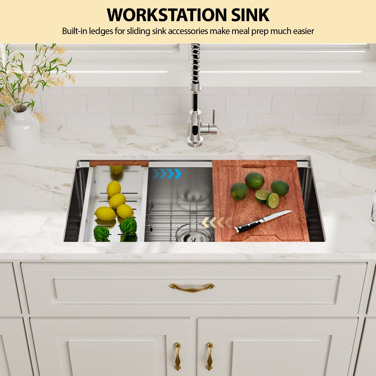 Kichae 32 Inch Undermount Workstation Kitchen Sink 16‑Gauge Stainless Steel Single Bowl Sink with Cutting Board and Colander