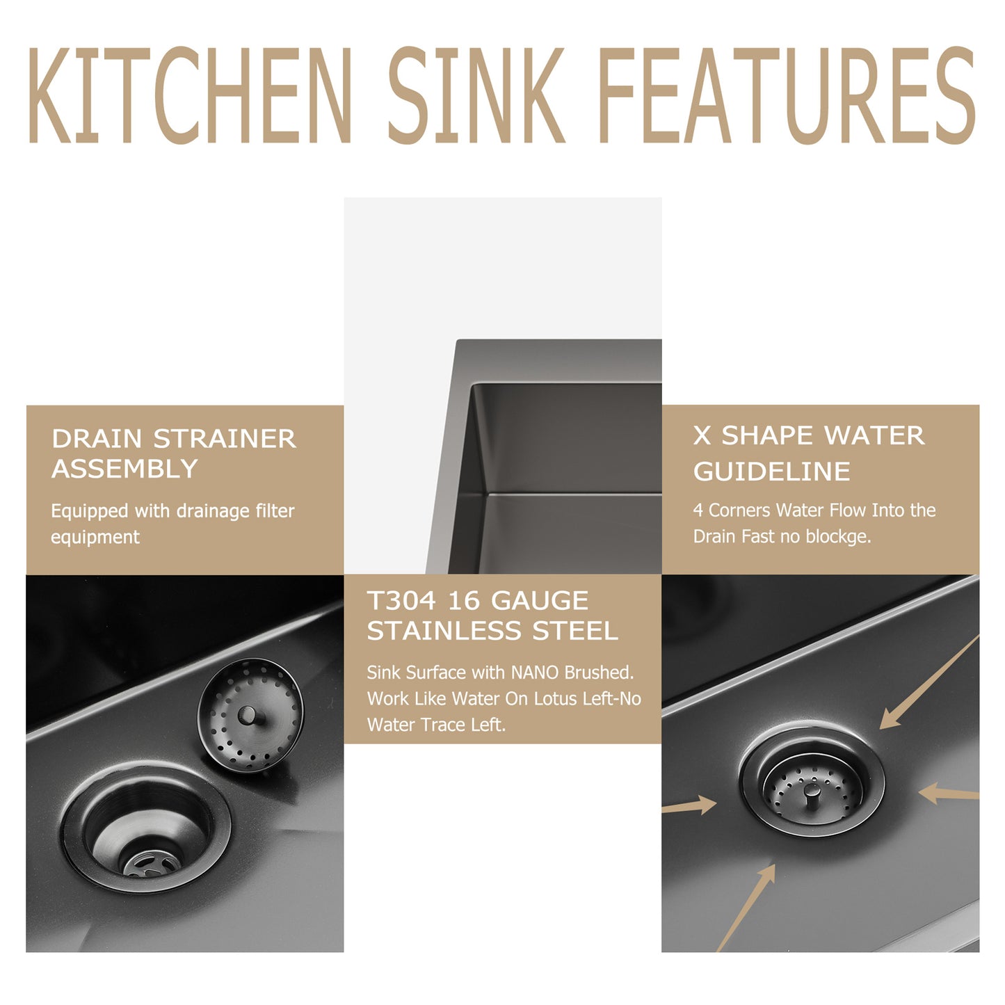 Kichae 25 Inch Gunmetal Black Drop In Top Mount Kitchen Sink 25×22 Inch 16 Gauge T304 Stainless Steel Single Bowl Sink with Accessories