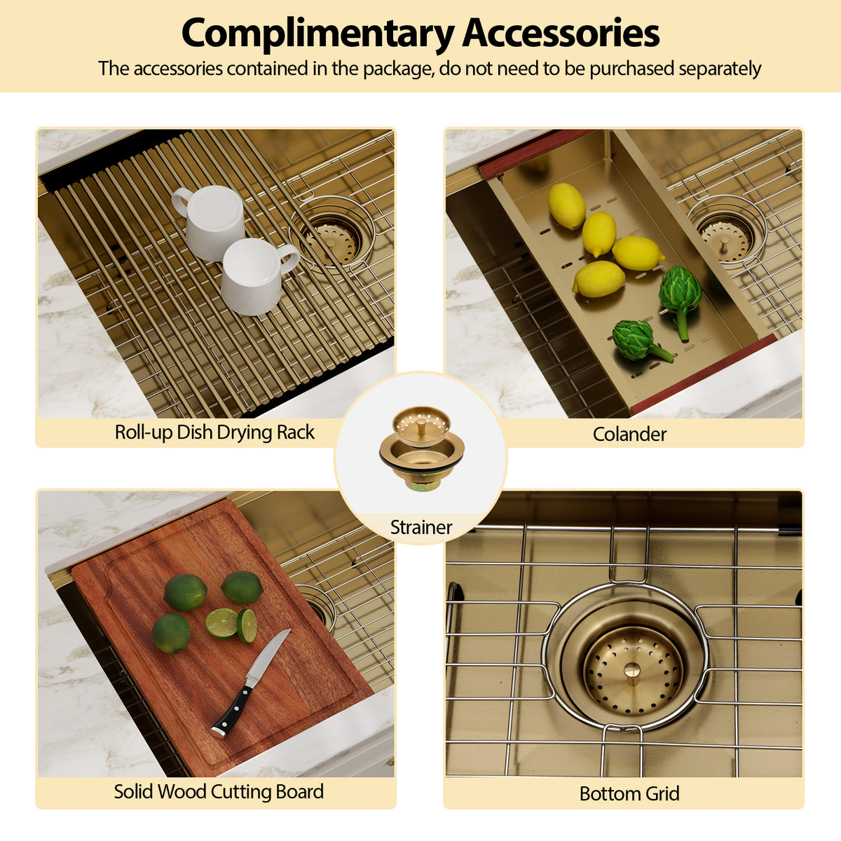 Kichae 36 Inch Gold Undermount Workstation Kitchen Sink 16 Gauge T304 Stainless Steel