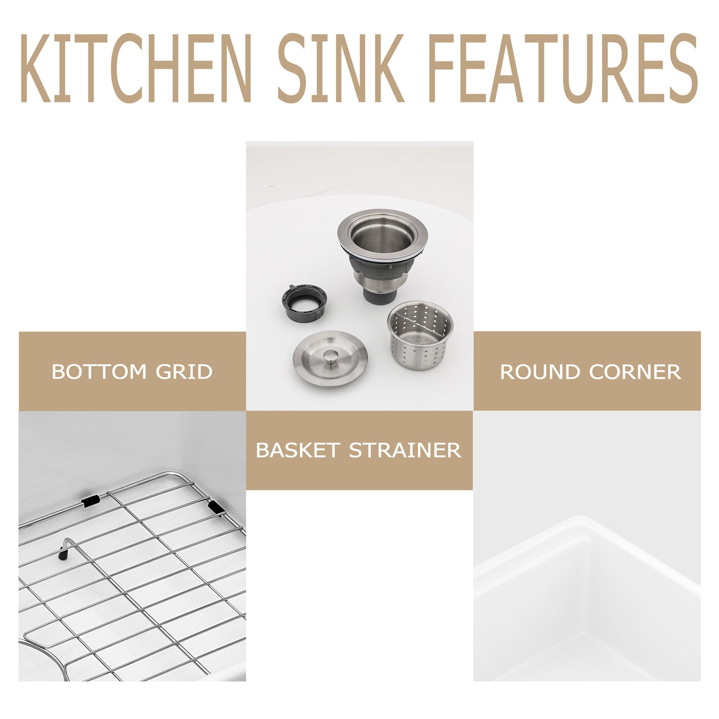 Kichae 33" x 19" White Fireclay Undermount Workstation Kitchen Sink Single Bowl Sink with Full Accessories