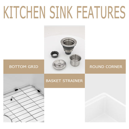 Kichae 33" x 19" White Fireclay Undermount Workstation Kitchen Sink Single Bowl Sink with Full Accessories