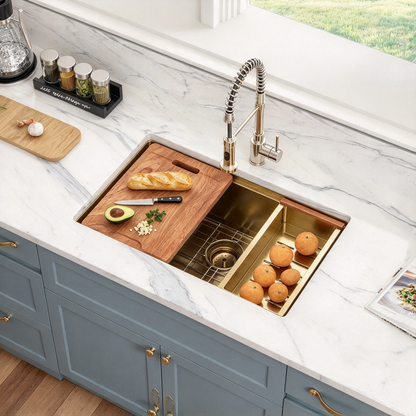 Kichae 30x19 Inch Gold Undermount Workstation Kitchen Sink 16 Gauge Stainless Steel Single Bowl Kitchen Sink With Full Accessories