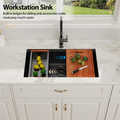 Kichae 30'' x 19'' Gunmetal Black Undermount Workstation Kitchen Sink 16 Gauge Stainless Steel Single Bowl Sink with Full Workstation Accessories