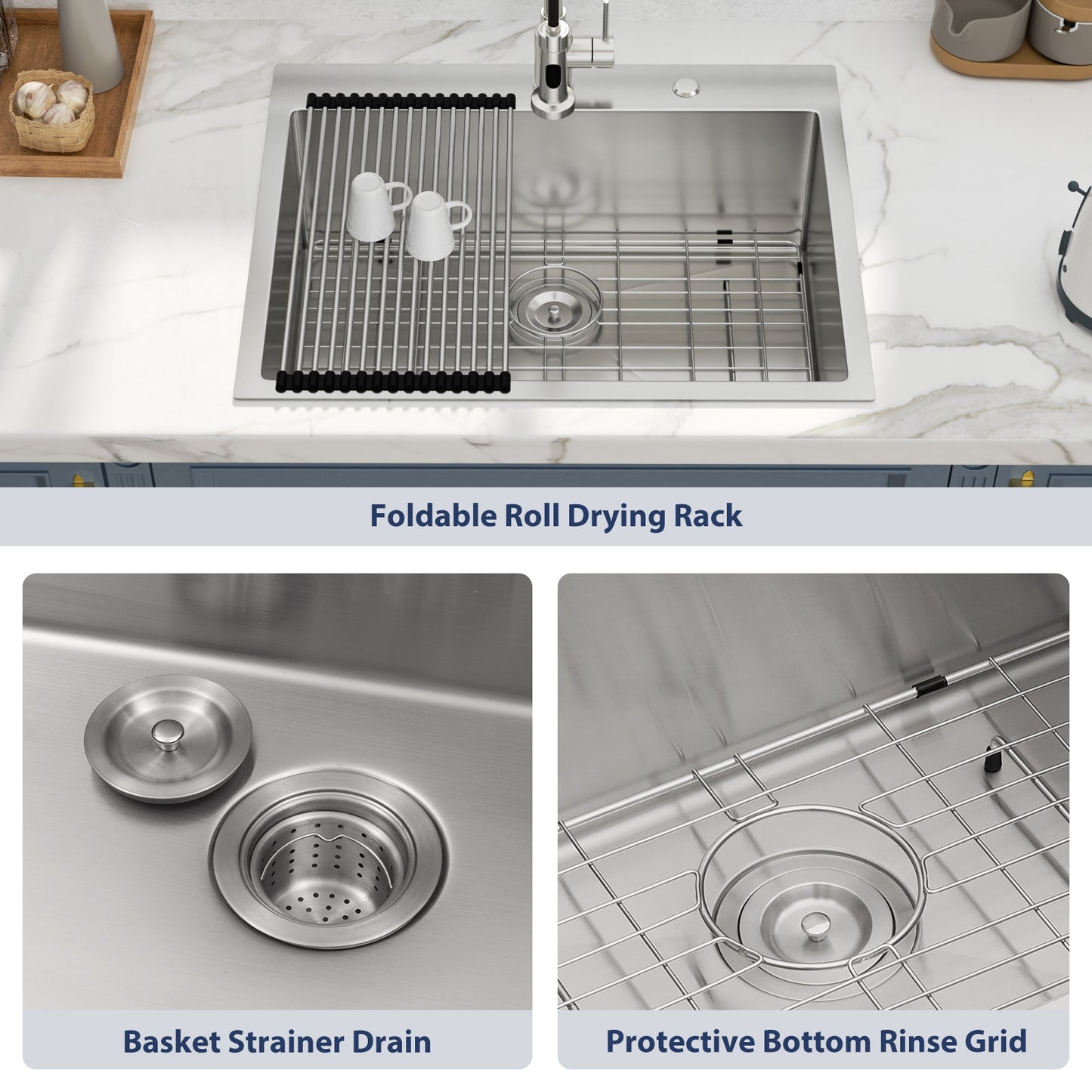 Kichae 28 Inch Drop In Kitchen Sink 28×22 Inch 16 Gauge T304 Stainless Steel Single Bowl Topmount Sink with Complete Accessories