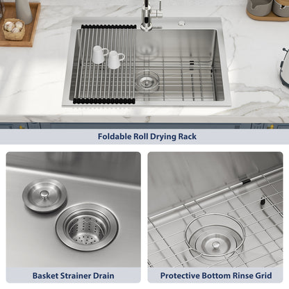 Kichae 28 Inch Drop In Kitchen Sink 28×22 Inch 16 Gauge T304 Stainless Steel Single Bowl Topmount Sink with Complete Accessories