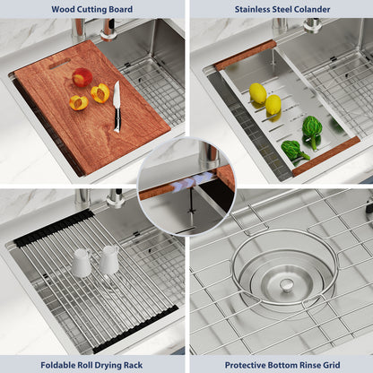 Kichae 25 Inch Drop In Workstation Kitchen Sink 25×22 Inch 16 Gauge T304 Stainless Steel Single Bowl Sink with Full Workstation Accessories