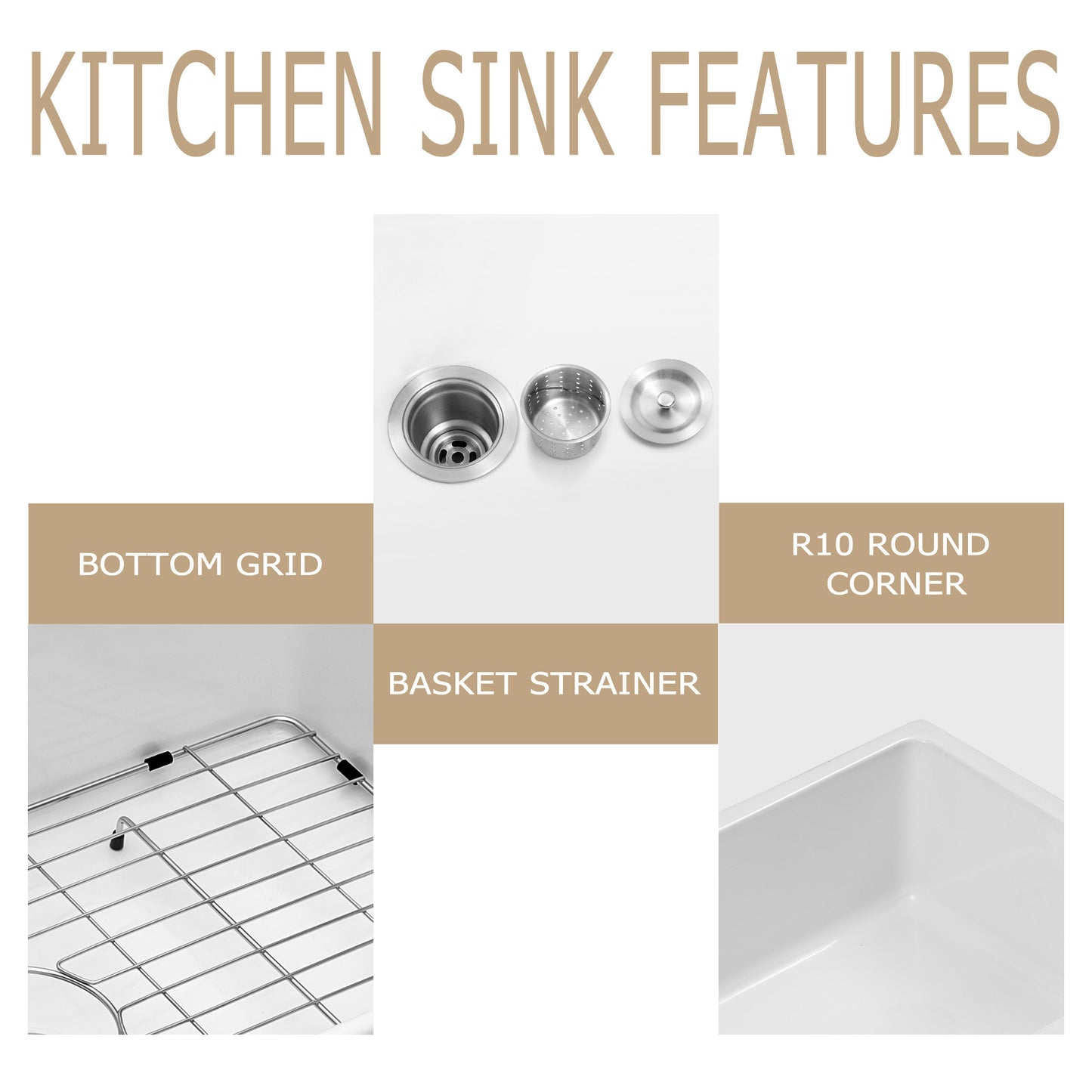 Kichae 33" x 19" White Fireclay Farmhouse Kitchen Sink Apron Front Single Bowl Sink