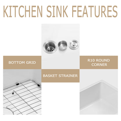 Kichae 33" x 19" White Fireclay Farmhouse Kitchen Sink Apron Front Single Bowl Sink