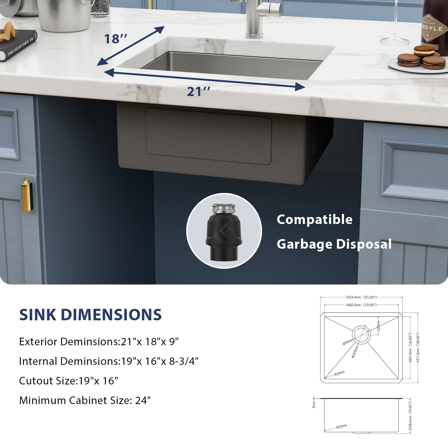 Kichae 21" W x 18" D Undermount Bar Sink 16 Gauge T304 Stainless Steel Deep Single Bowl Utility Sink with Bottom Grid