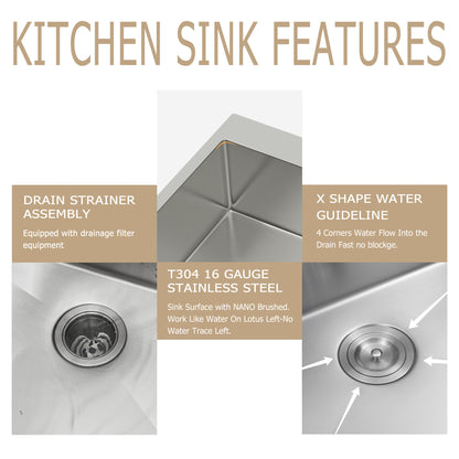 Kichae 25 Inch Drop In Kitchen Sink 25×22 Inch T304 Stainless Steel 16 Gauge Single Bowl Sink with Drain Assembly