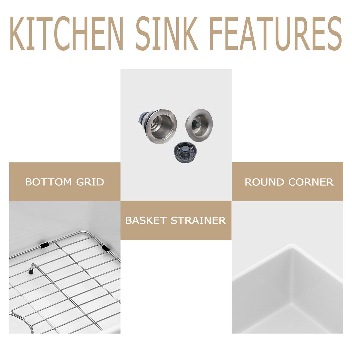 Kichae 33'' x 18'' Reversible White Fireclay Farmhouse Kitchen Sink, Single Bowl Apron Front Sink with Basin Rack & Drain Assembly