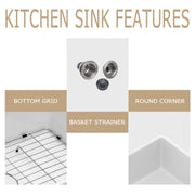 Kichae 33'' x 18'' Reversible White Fireclay Farmhouse Kitchen Sink, Single Bowl Apron Front Sink with Basin Rack & Drain Assembly Kichae USA